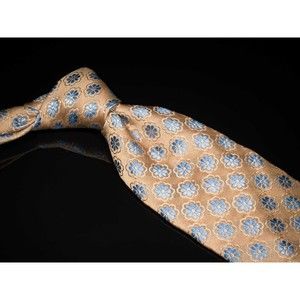 Ike Behar 100% Silk Tie Tan Light Blue Neat Men's Designer Necktie USA